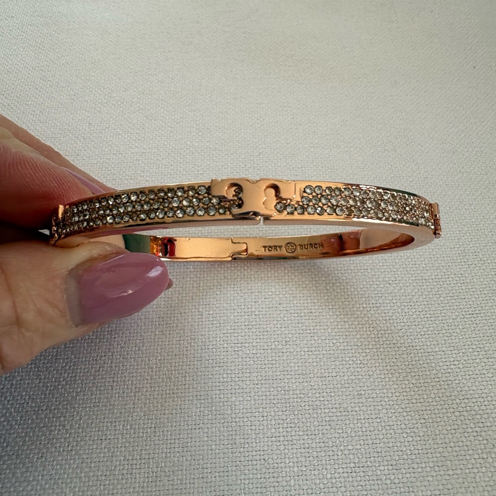Tory Burch Rose Gold Crystal Pave Hinged Bangle Bracelet